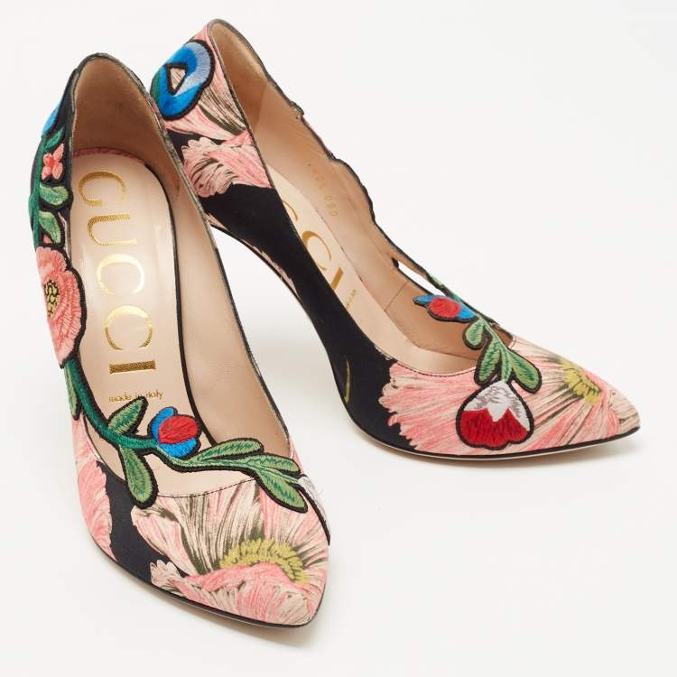 Pre Owned Gucci Black/Pink Floral Satin Ophelia Pumps Size 40.5