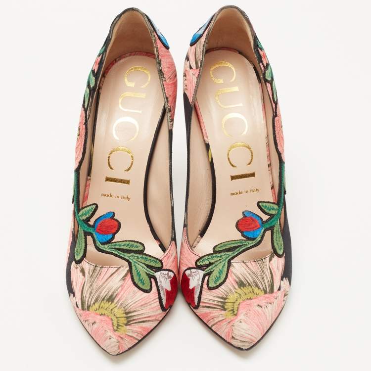 Pre Owned Gucci Black/Pink Floral Satin Ophelia Pumps Size 40.5