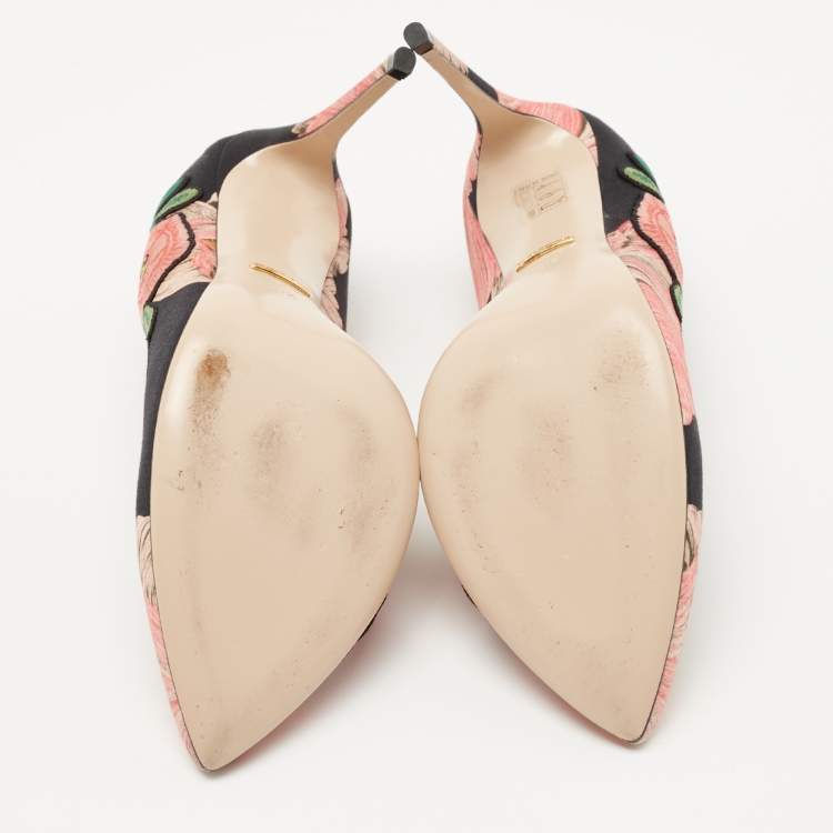 Pre Owned Gucci Black/Pink Floral Satin Ophelia Pumps Size 40.5