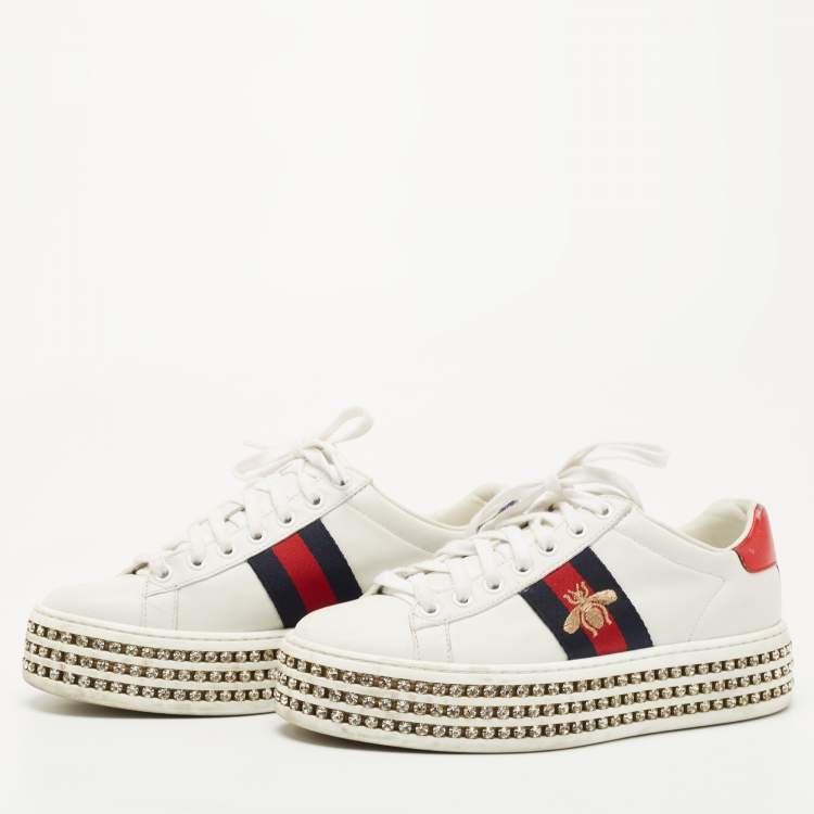 Gezichtsvermogen Kansen synoniemenlijst Gucci White Leather And Bee Web Detail New Ace Crystal Embellished Platform  Sneakers Size 35 Gucci | TLC