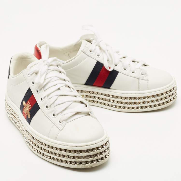 Pre Owned Gucci White Leather And Bee Web Detail New Ace Crystal Embellished Platform Sneakers Size 35