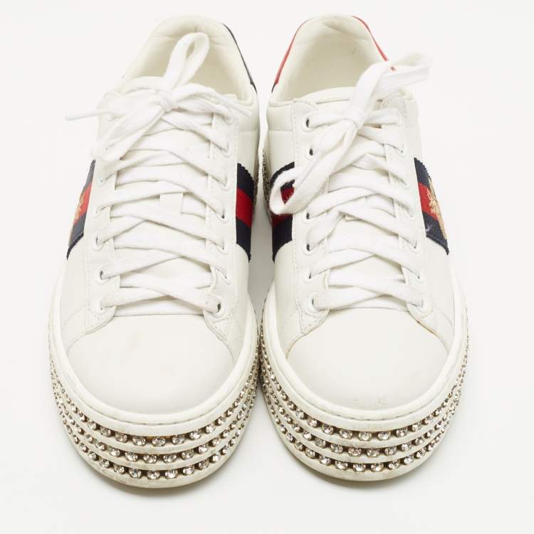 Pre Owned Gucci White Leather And Bee Web Detail New Ace Crystal Embellished Platform Sneakers Size 35