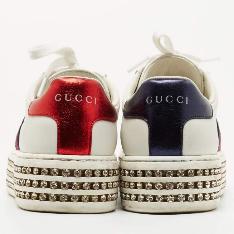 Pre Owned Gucci White Leather And Bee Web Detail New Ace Crystal Embellished Platform Sneakers Size 35