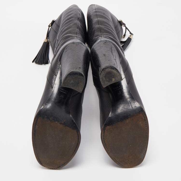 Pre Owned Gucci Black Leather Bamboo Tassel Knee Length Boots Size 39