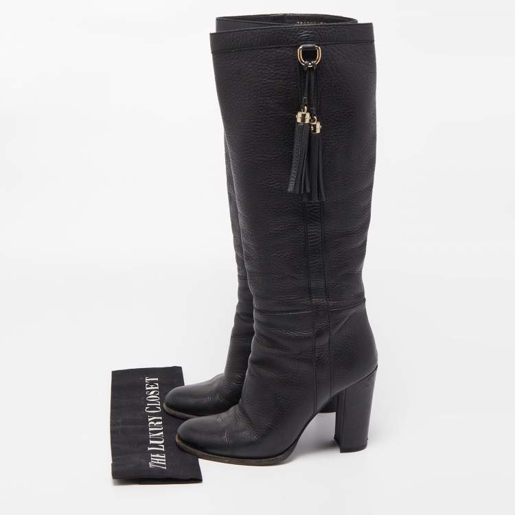 Pre Owned Gucci Black Leather Bamboo Tassel Knee Length Boots Size 39