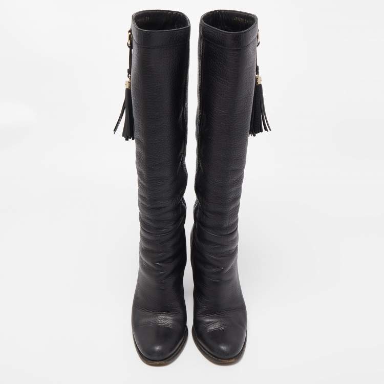 Pre Owned Gucci Black Leather Bamboo Tassel Knee Length Boots Size 39