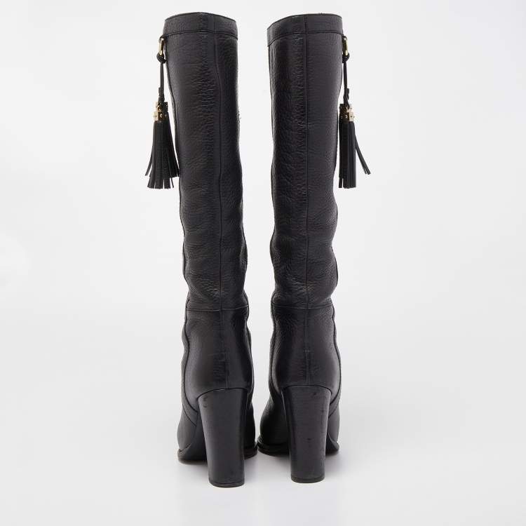 Pre Owned Gucci Black Leather Bamboo Tassel Knee Length Boots Size 39