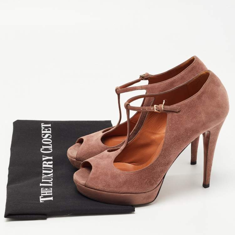 Pre Owned Gucci Pink Suede Peep Toe Platform T-Strap Pumps Size 39