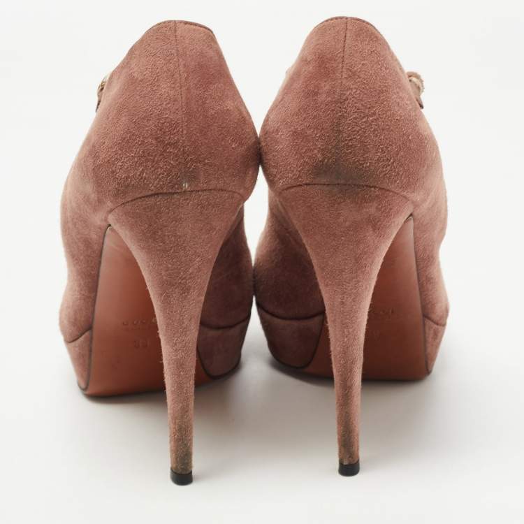 Pre Owned Gucci Pink Suede Peep Toe Platform T-Strap Pumps Size 39