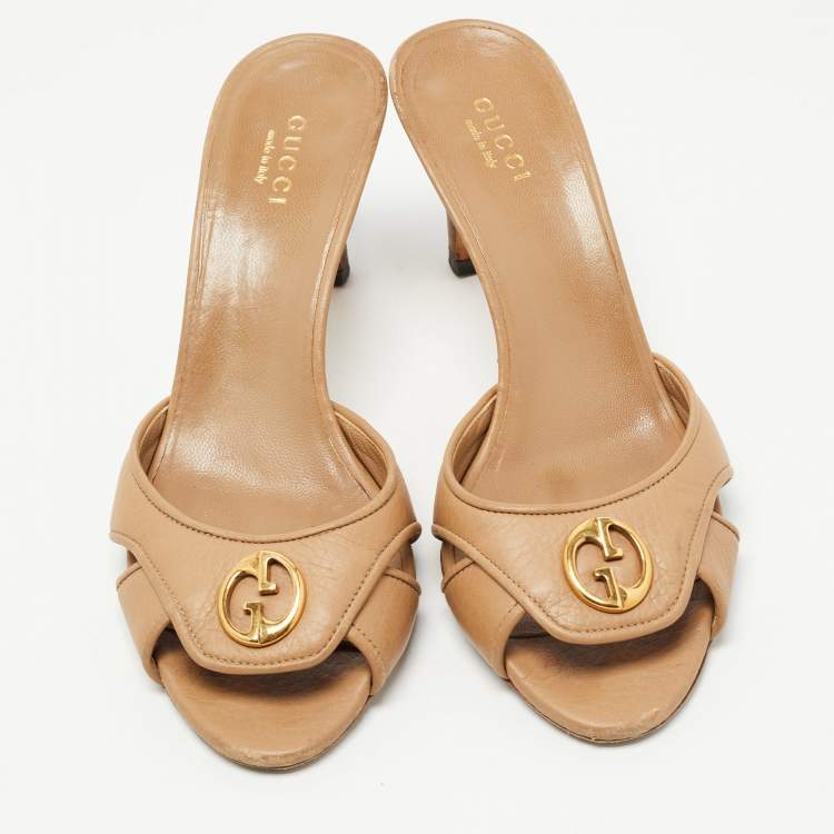 Pre Owned Gucci Brown Leather Interlocking G Buckle Slide Sandals Size 35.5