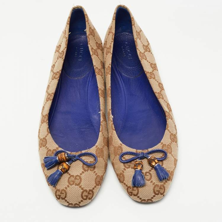 Pre Owned Gucci Brown GG Canvas Bamboo Bow Tassel Ballet Flats Size 38.5