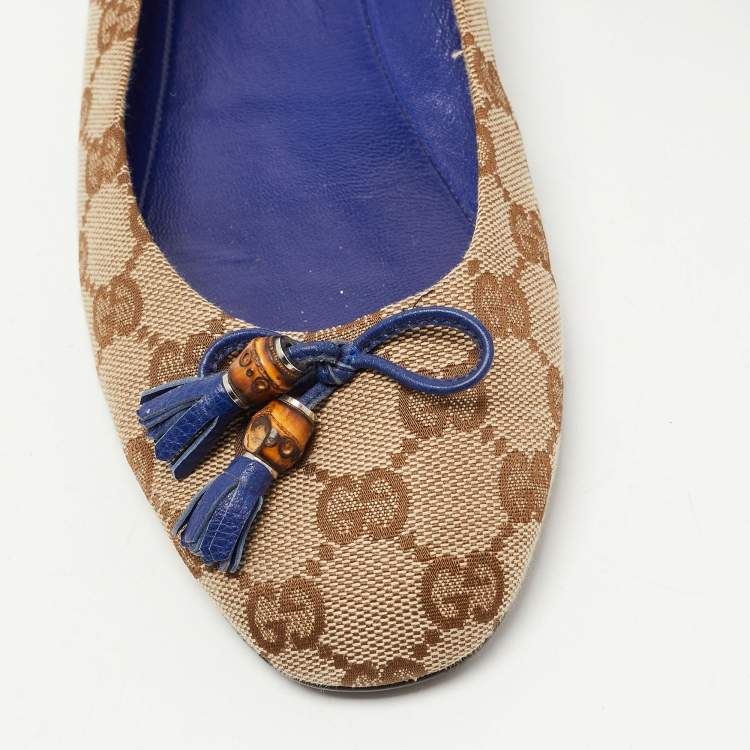 Pre Owned Gucci Brown GG Canvas Bamboo Bow Tassel Ballet Flats Size 38.5