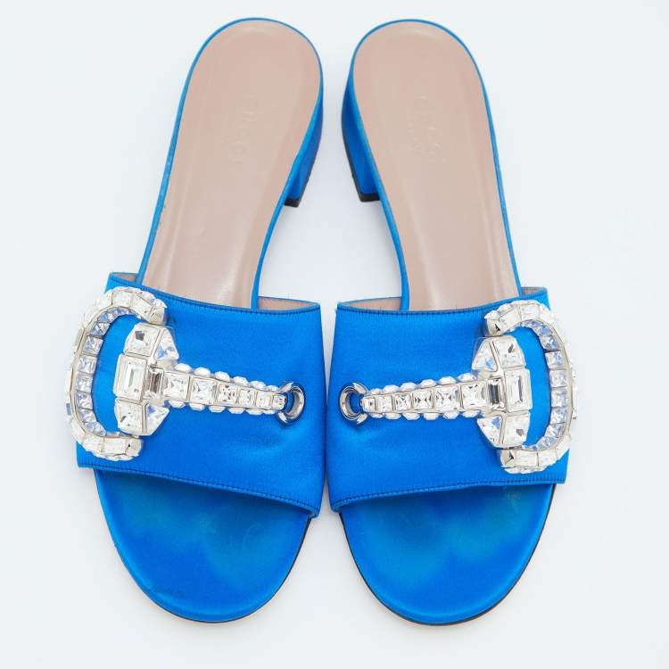 Pre Owned Gucci Blue Satin Crystal Horsebit Maxime Slide Sandals Size 38