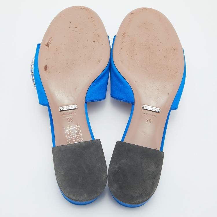 Pre Owned Gucci Blue Satin Crystal Horsebit Maxime Slide Sandals Size 38