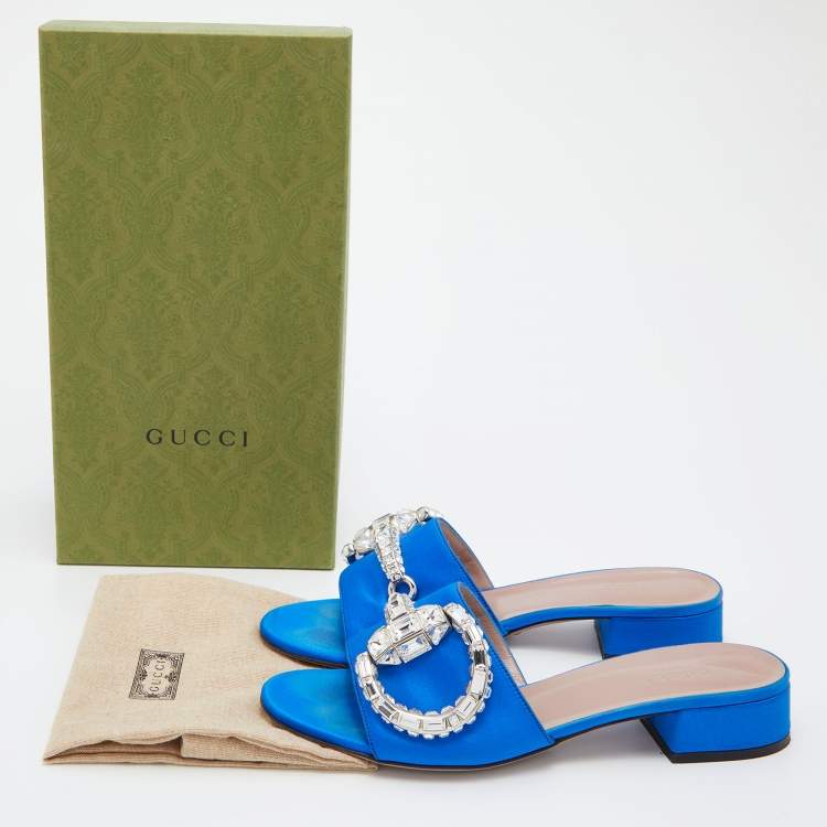 Pre Owned Gucci Blue Satin Crystal Horsebit Maxime Slide Sandals Size 38