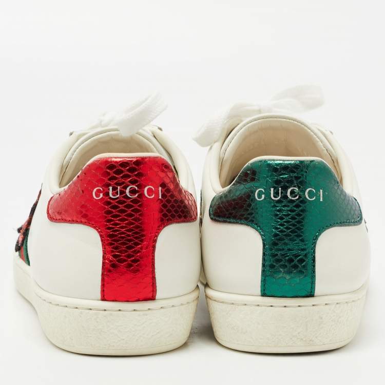 مملوكة مسبقًا Gucci White/Red Leather and Snake Embossed Leather Ace Pineapple Sneakers Size 37