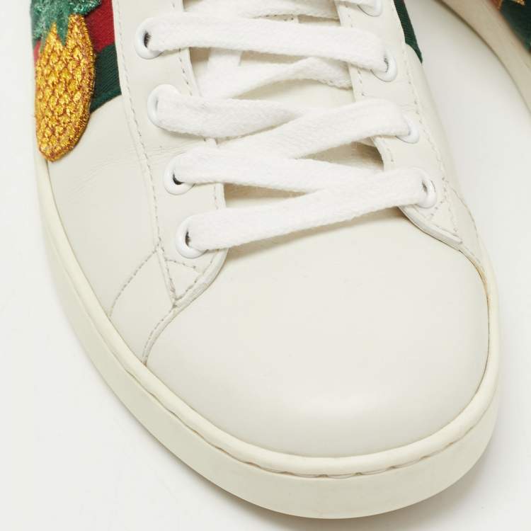 مملوكة مسبقًا Gucci White/Red Leather and Snake Embossed Leather Ace Pineapple Sneakers Size 37