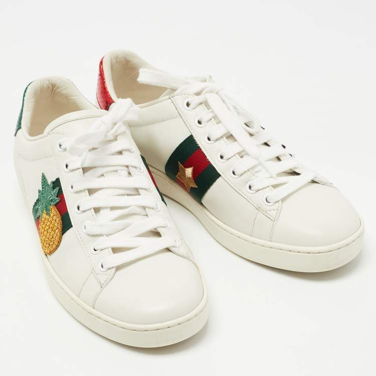 مملوكة مسبقًا Gucci White/Red Leather and Snake Embossed Leather Ace Pineapple Sneakers Size 37