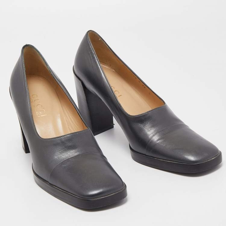 Pre Owned Gucci Dark Grey Leather Square Toe Platform Pumps Size 37 