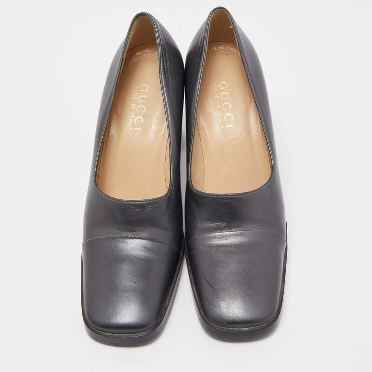 Pre Owned Gucci Dark Grey Leather Square Toe Platform Pumps Size 37 