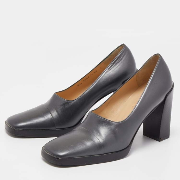 Pre Owned Gucci Dark Grey Leather Square Toe Platform Pumps Size 37 