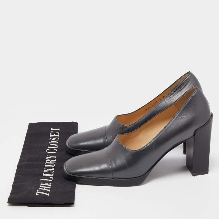 Pre Owned Gucci Dark Grey Leather Square Toe Platform Pumps Size 37 