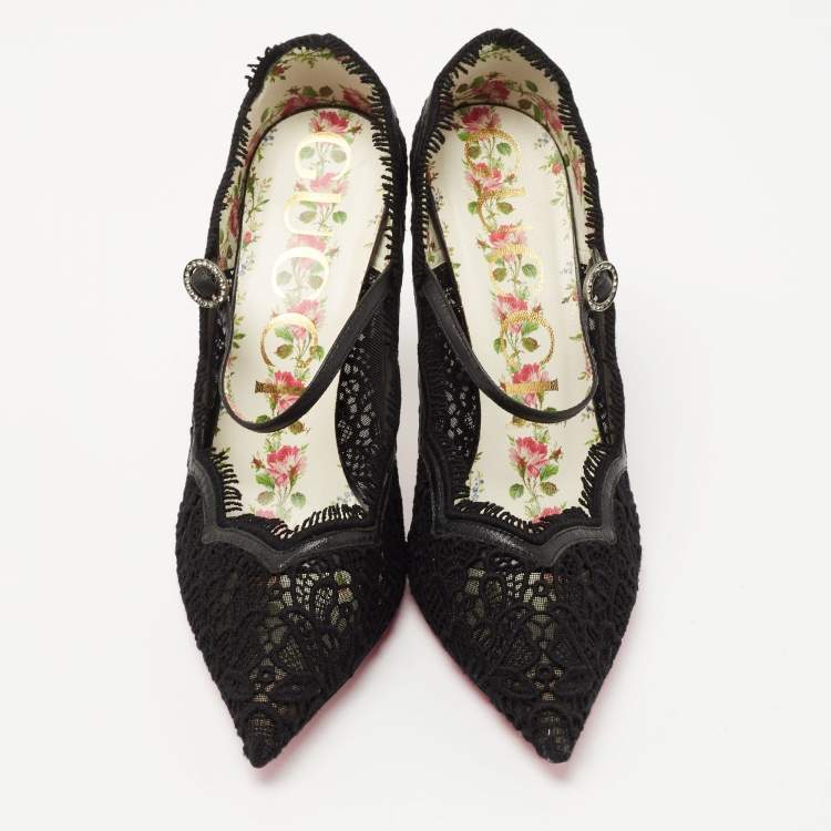 Pre Owned Gucci Black Mesh and Lace Virginia Mary Jane Pumps Size 38.5