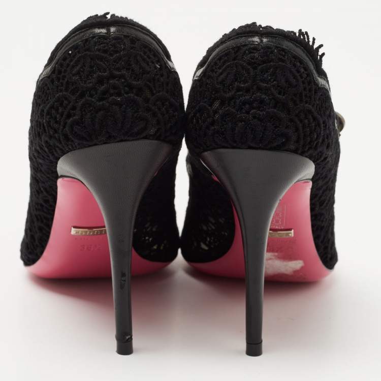 Pre Owned Gucci Black Mesh and Lace Virginia Mary Jane Pumps Size 38.5