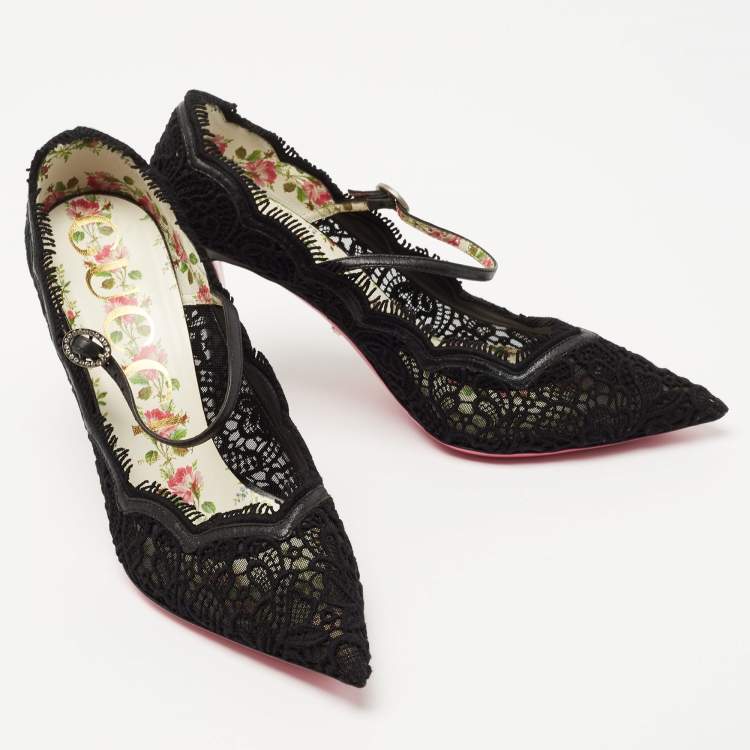 Pre Owned Gucci Black Mesh and Lace Virginia Mary Jane Pumps Size 38.5