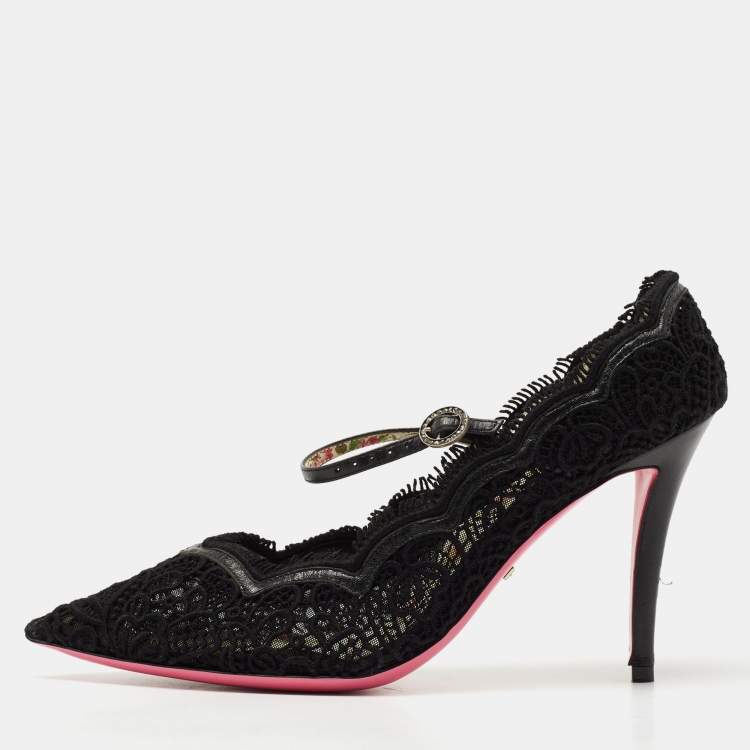 Pre Owned Gucci Black Mesh and Lace Virginia Mary Jane Pumps Size 38.5