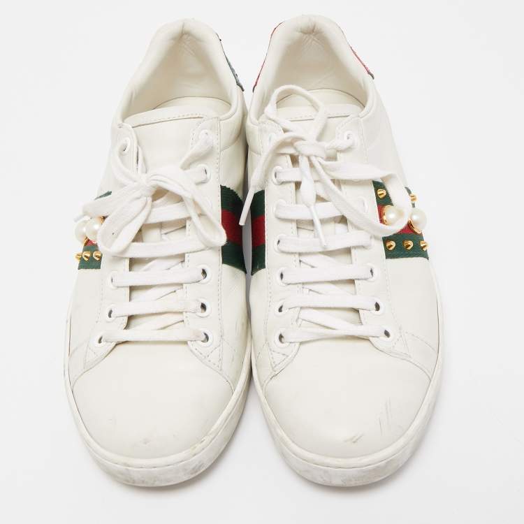 Pre Owned Gucci White Leather Faux Pearl Embellished Ace Sneakers Size 37.5