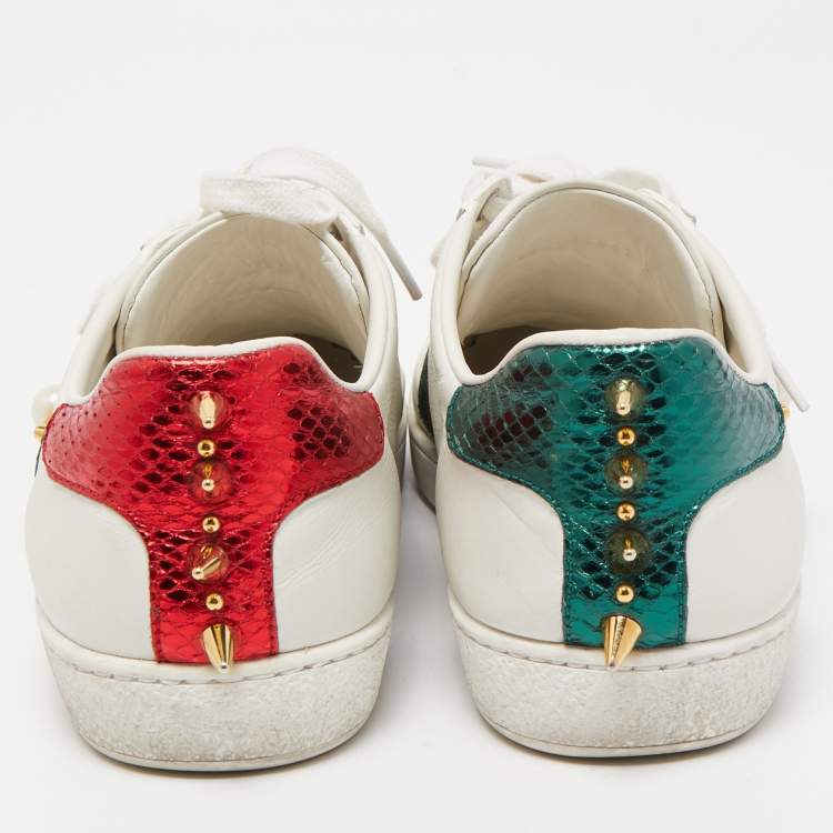 Pre Owned Gucci White Leather Faux Pearl Embellished Ace Sneakers Size 37.5