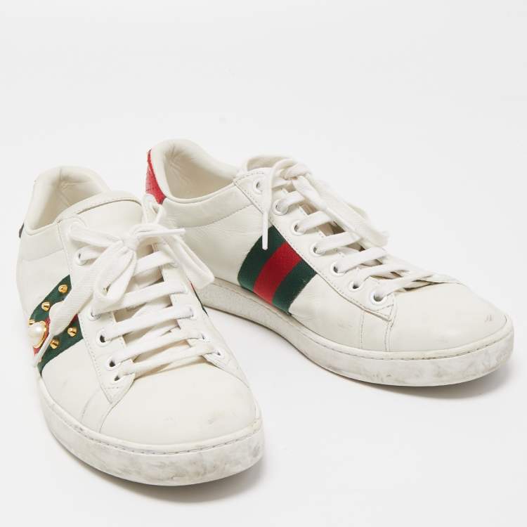 Pre Owned Gucci White Leather Faux Pearl Embellished Ace Sneakers Size 37.5