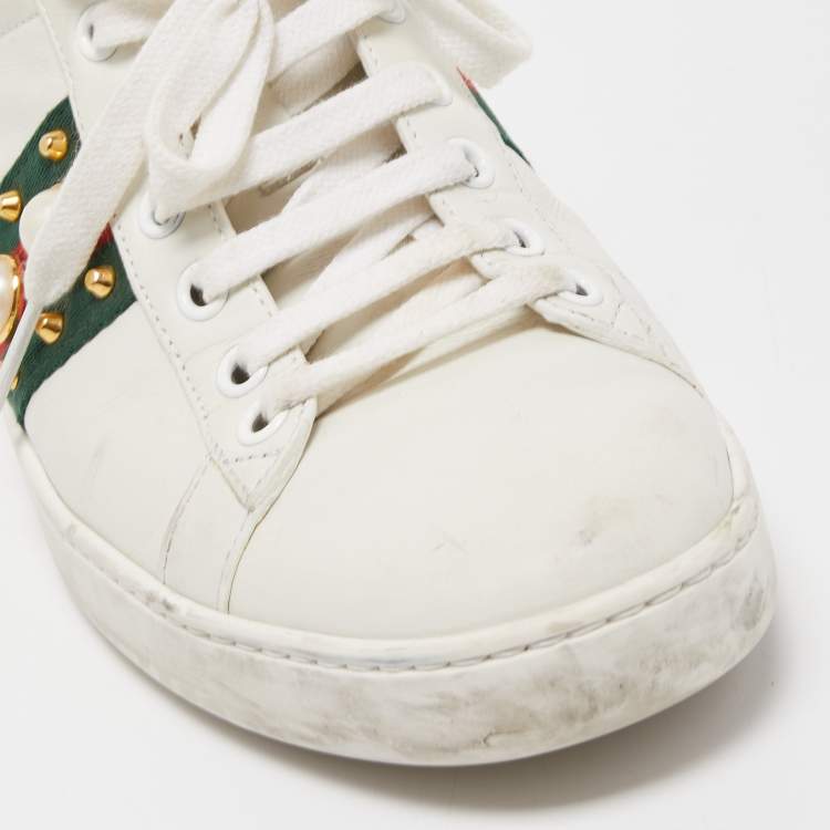 Pre Owned Gucci White Leather Faux Pearl Embellished Ace Sneakers Size 37.5
