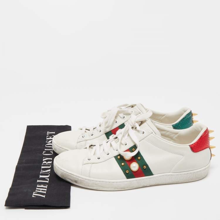 Pre Owned Gucci White Leather Faux Pearl Embellished Ace Sneakers Size 37.5
