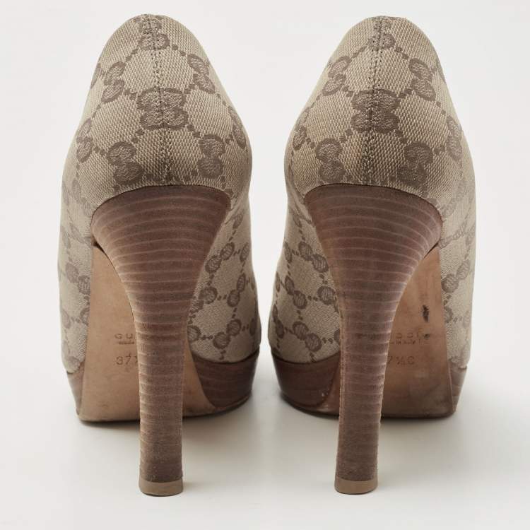 Pre Owned Gucci Beige GG Canvas Horsebit Peep Toe Pumps Size 37.5