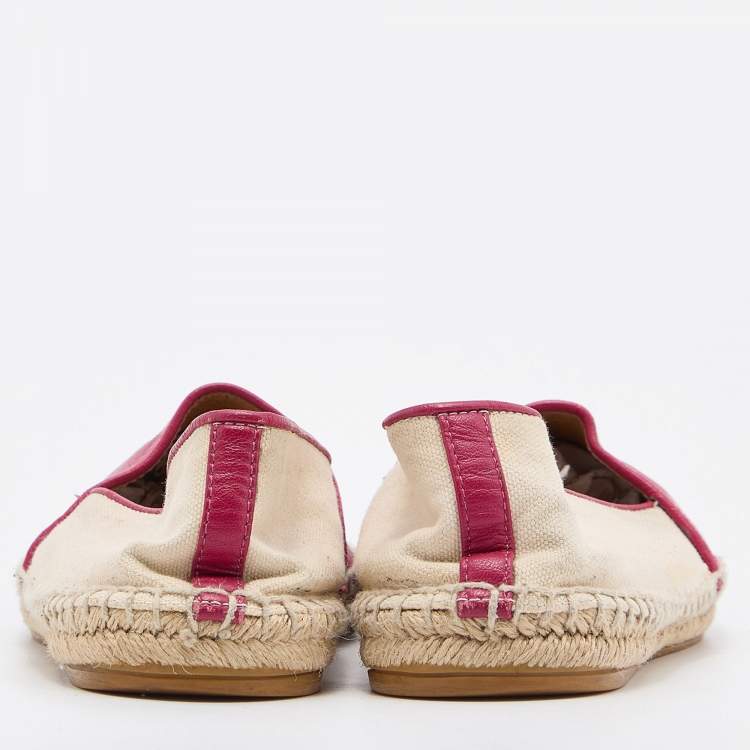 Pre Owned Gucci Beige/Pink Canvas and Leather Espadrille Flats Size 37.5