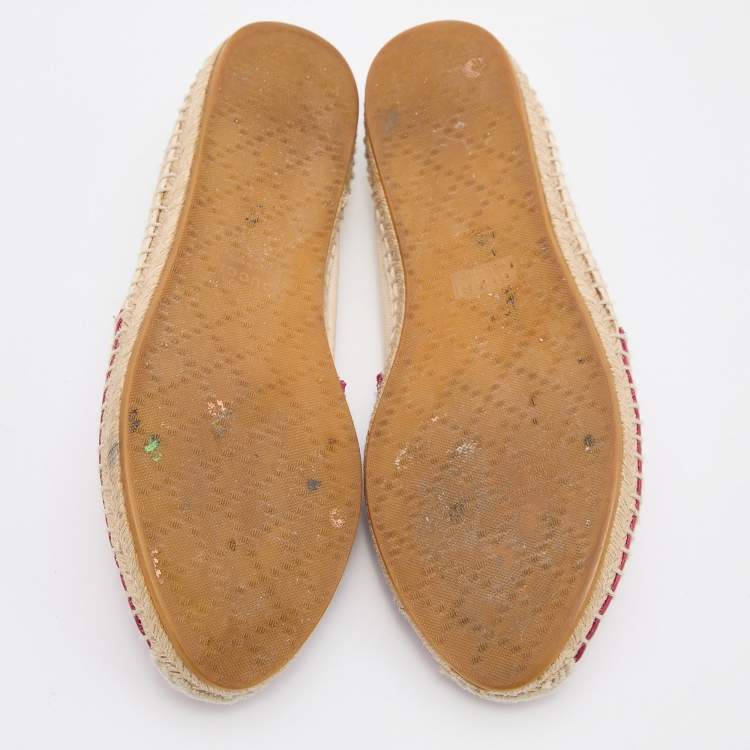 Pre Owned Gucci Beige/Pink Canvas and Leather Espadrille Flats Size 37.5