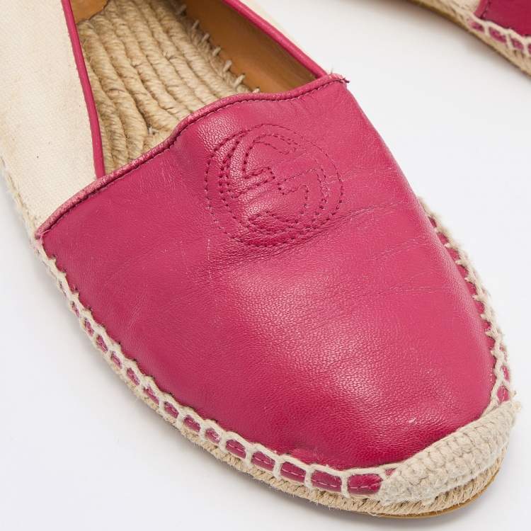 Pre Owned Gucci Beige/Pink Canvas and Leather Espadrille Flats Size 37.5