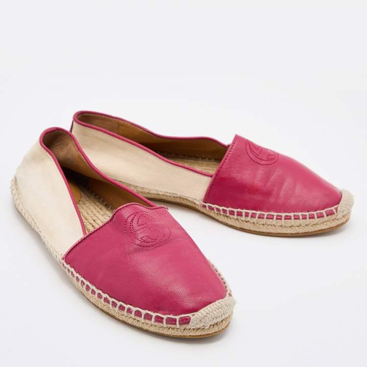 Pre Owned Gucci Beige/Pink Canvas and Leather Espadrille Flats Size 37.5