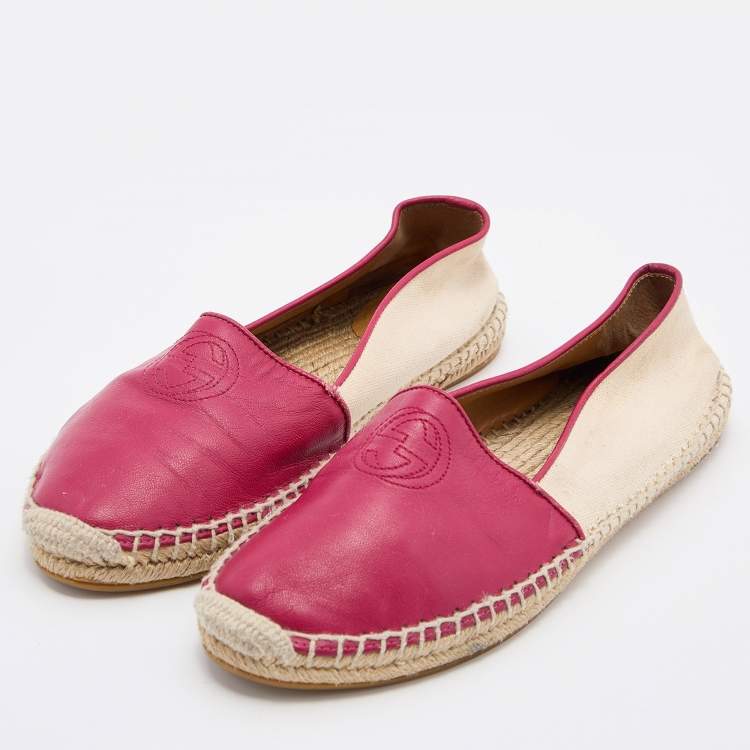 Pre Owned Gucci Beige/Pink Canvas and Leather Espadrille Flats Size 37.5