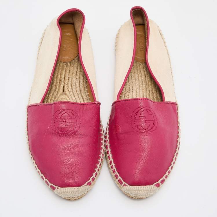 Pre Owned Gucci Beige/Pink Canvas and Leather Espadrille Flats Size 37.5