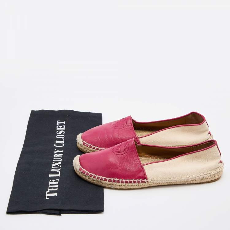 Pre Owned Gucci Beige/Pink Canvas and Leather Espadrille Flats Size 37.5