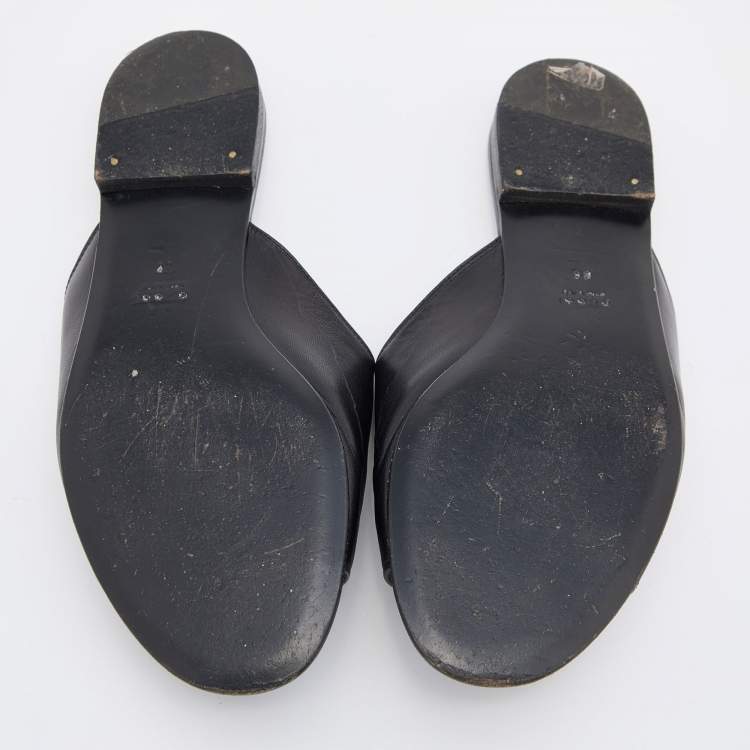 Pre Owned Gucci Black Leather Malaga Horsebit Flat Slides Size 38