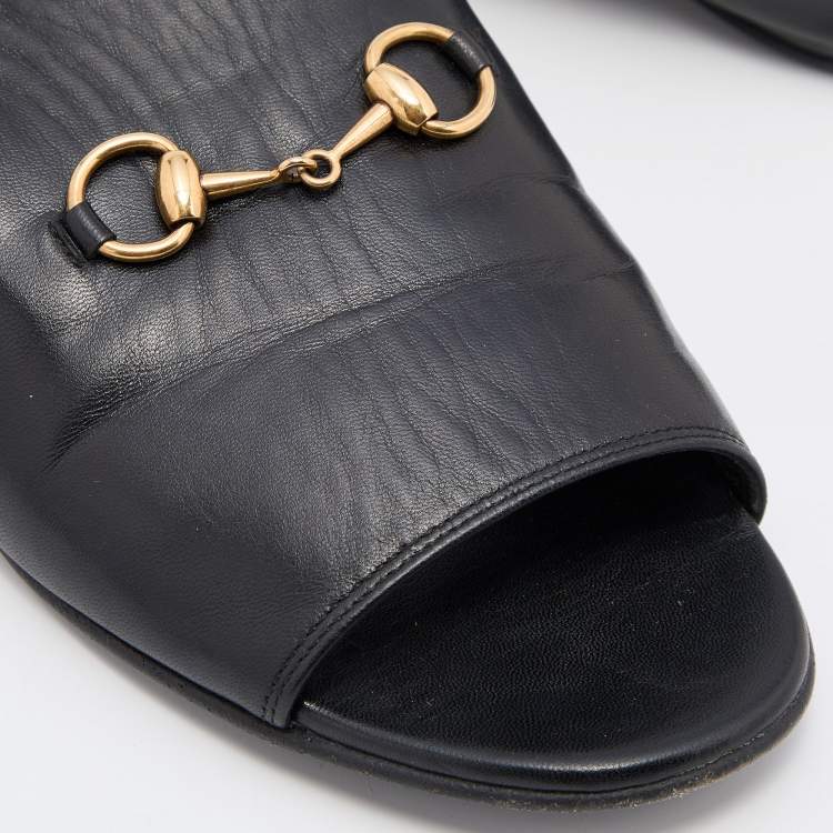Pre Owned Gucci Black Leather Malaga Horsebit Flat Slides Size 38