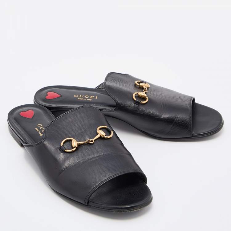 Pre Owned Gucci Black Leather Malaga Horsebit Flat Slides Size 38