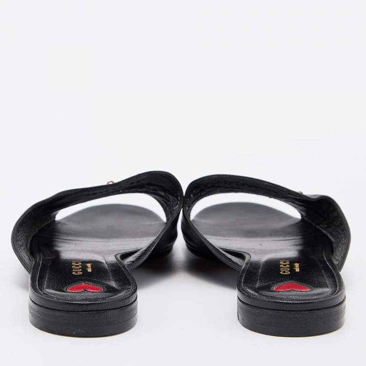 Pre Owned Gucci Black Leather Malaga Horsebit Flat Slides Size 38