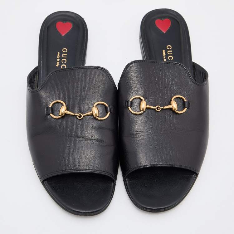 Pre Owned Gucci Black Leather Malaga Horsebit Flat Slides Size 38