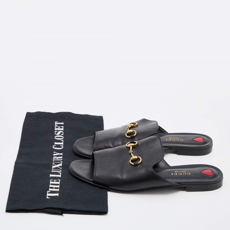Pre Owned Gucci Black Leather Malaga Horsebit Flat Slides Size 38