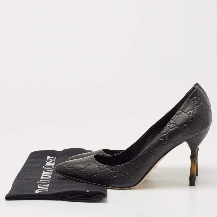 Pre Owned Gucci Black Guccissima Leather Kristen Bamboo Heel Pumps Size 37.5